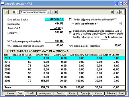 Sage Symfonia ?rodki Trwa3e premium - Ewidencjonowanie danych niezb?ych do corocznej korekty podatku VAT.